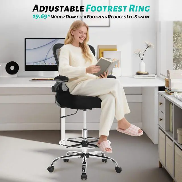 Alt view image 6 of 7 - 500LBS Ergonomic Drafting Chair Tall Office Chair for Counter Height or Standing Desk, Executive High Office Chairs with W-Shaped Thick Seat Cushion, Footrest Ring & Breathable Fabric, Black