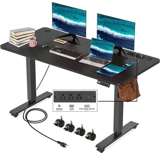 Main image of Electric Standing Desk with Power Outlets and USB-C Port, 48 x 24 Inches Adjustable Height Sit Stand Up Desk for Home Office, Adjustable Desk with Memory Preset and Wheels, Black