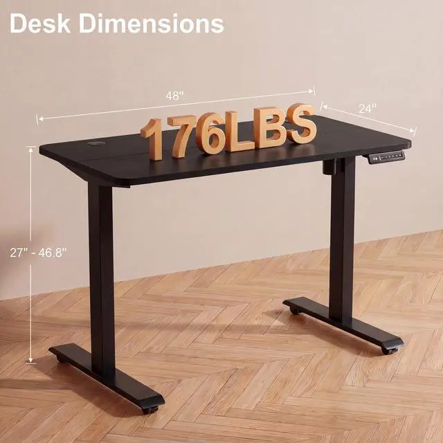 Alt view image 3 of 7 - Electric Standing Desk with Power Outlets and USB-C Port, 48 x 24 Inches Adjustable Height Sit Stand Up Desk for Home Office, Adjustable Desk with Memory Preset and Wheels, Black