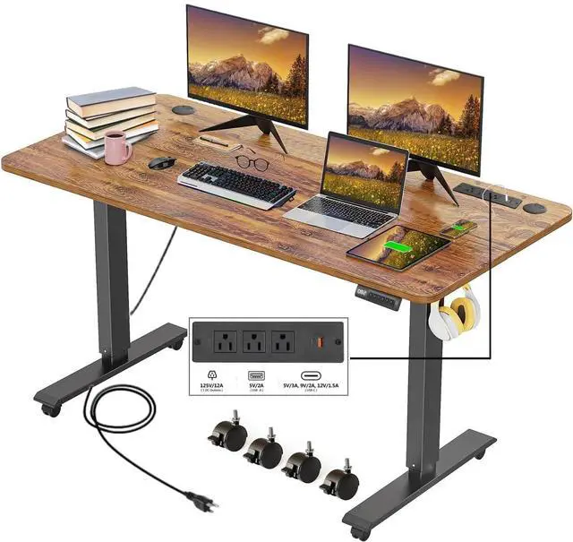 Main image of Electric Standing Desk with Power Outlets and USB-C Port, 48 x 24 Inches Adjustable Height Sit Stand Up Desk for Home Office, Adjustable Desk with Memory Preset and Wheels, Brown