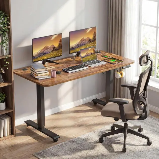 Alt view image 2 of 7 - Electric Standing Desk with Power Outlets and USB-C Port, 48 x 24 Inches Adjustable Height Sit Stand Up Desk for Home Office, Adjustable Desk with Memory Preset and Wheels, Brown