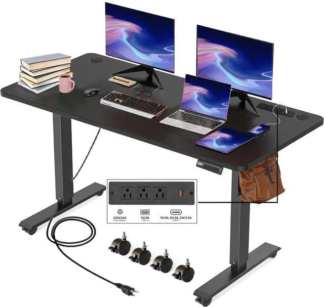 Main image of Electric Standing Desk with Power Outlets and USB-C Port, 55 x 24 Inches Adjustable Height Sit Stand Up Desk for Home Office, Adjustable Desk with Memory Preset and Wheels, Black