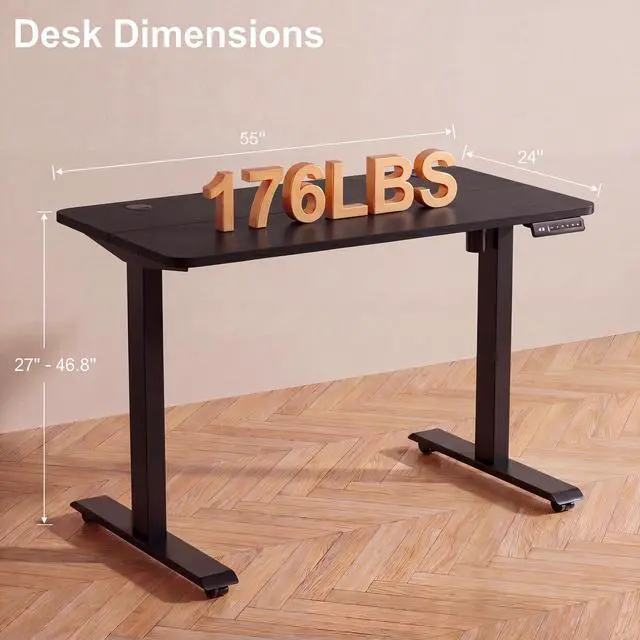 Alt view image 3 of 7 - Electric Standing Desk with Power Outlets and USB-C Port, 55 x 24 Inches Adjustable Height Sit Stand Up Desk for Home Office, Adjustable Desk with Memory Preset and Wheels, Black