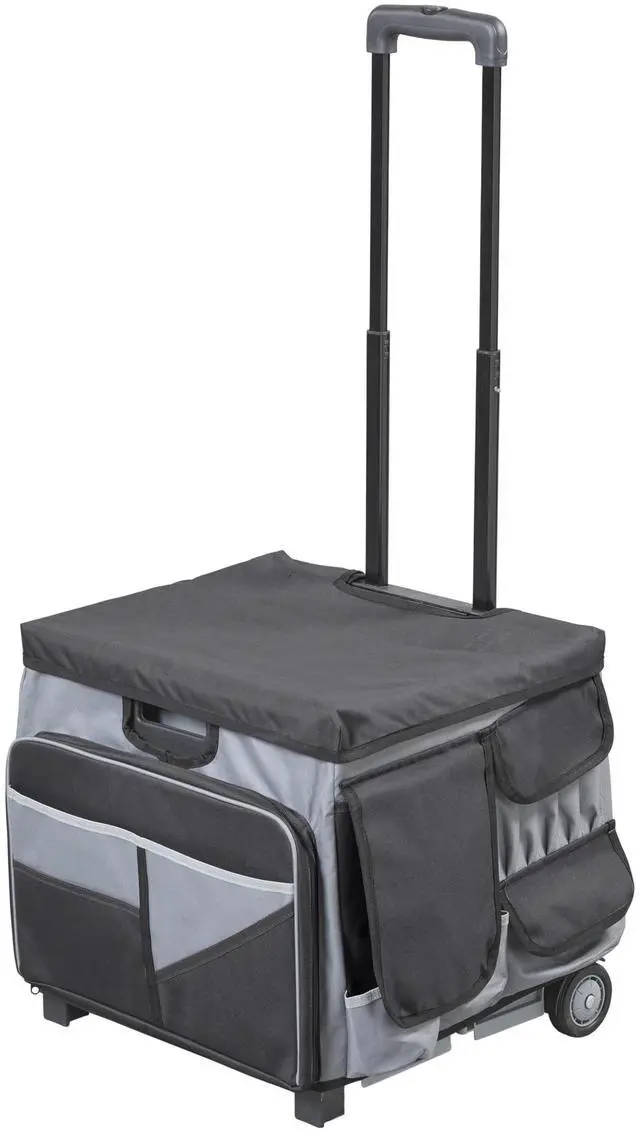 Main image of Folding Mobile Utility Cart, Canvas Organizer Bag, Black/Grey | Durable plastic, 30 compartments, adjustable handle, 40 lb capacity, collapses to 3" thick, rolling wheels for easy transport