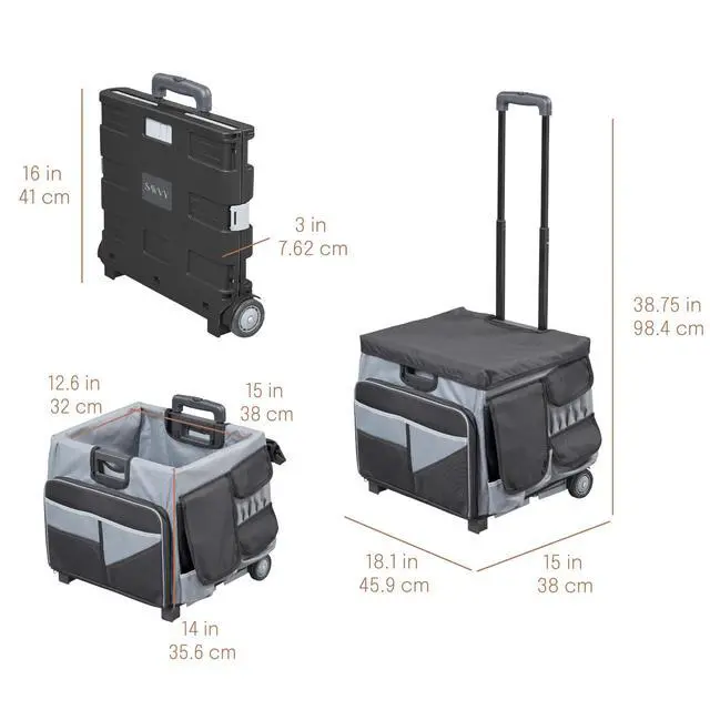 Alt view image 2 of 7 - Folding Mobile Utility Cart, Canvas Organizer Bag, Black/Grey | Durable plastic, 30 compartments, adjustable handle, 40 lb capacity, collapses to 3" thick, rolling wheels for easy transport