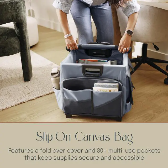 Alt view image 4 of 7 - Folding Mobile Utility Cart, Canvas Organizer Bag, Black/Grey | Durable plastic, 30 compartments, adjustable handle, 40 lb capacity, collapses to 3" thick, rolling wheels for easy transport