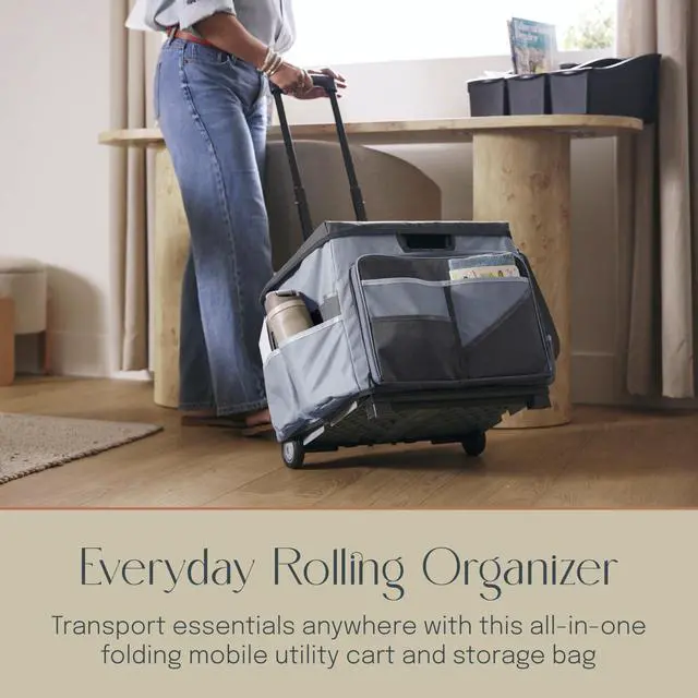 Alt view image 3 of 7 - Folding Mobile Utility Cart, Canvas Organizer Bag, Black/Grey | Durable plastic, 30 compartments, adjustable handle, 40 lb capacity, collapses to 3" thick, rolling wheels for easy transport