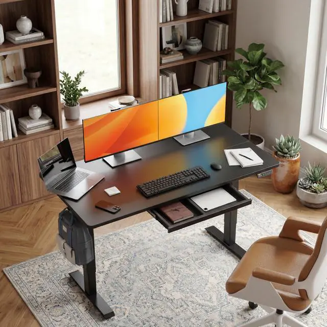 Alt view image 2 of 7 - Electric Height Adjustable Standing Desk with Drawers, 63 x 24 Inch Sit Stand Desk for Home Office, Computer Desk Workstation,Black
