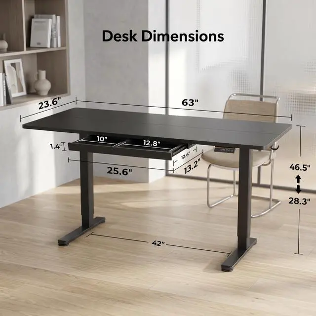 Alt view image 3 of 7 - Electric Height Adjustable Standing Desk with Drawers, 63 x 24 Inch Sit Stand Desk for Home Office, Computer Desk Workstation,Black