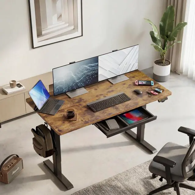 Alt view image 2 of 7 - Electric Height Adjustable Standing Desk with Drawers, 63 x 24 Inch Sit Stand Desk for Home Office, Computer Desk Workstation,Rustic Brown