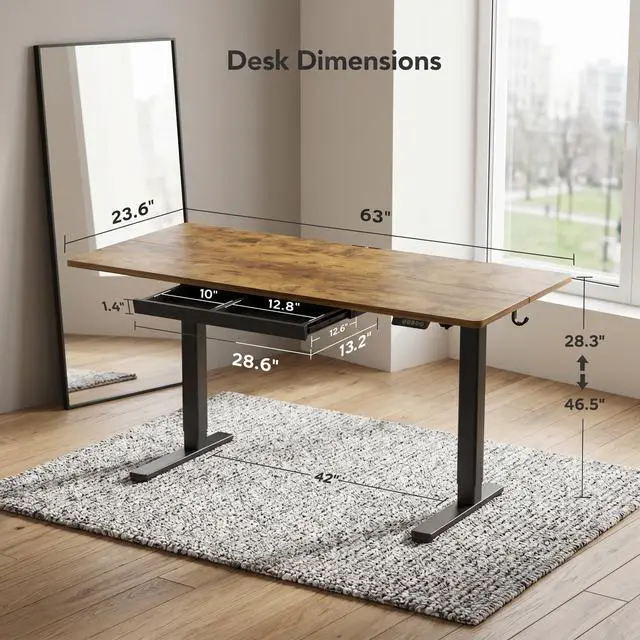 Alt view image 3 of 7 - Electric Height Adjustable Standing Desk with Drawers, 63 x 24 Inch Sit Stand Desk for Home Office, Computer Desk Workstation,Rustic Brown