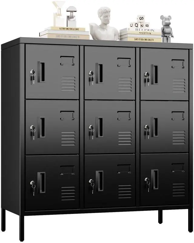 Main image of 9-Door Metal Employee Locker with Keyed Locks and Raised Feet | 9 keyed compartments with name-card slots, ventilation and raised feet; 35.51"W x 15.79"D x 37.8"H. Assembly required