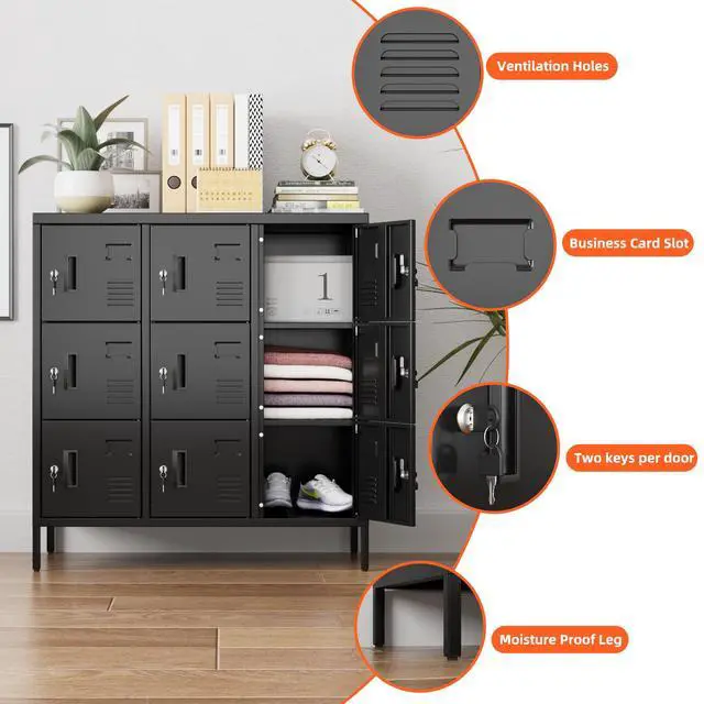 Alt view image 3 of 7 - 9-Door Metal Employee Locker with Keyed Locks and Raised Feet | 9 keyed compartments with name-card slots, ventilation and raised feet; 35.51"W x 15.79"D x 37.8"H. Assembly required