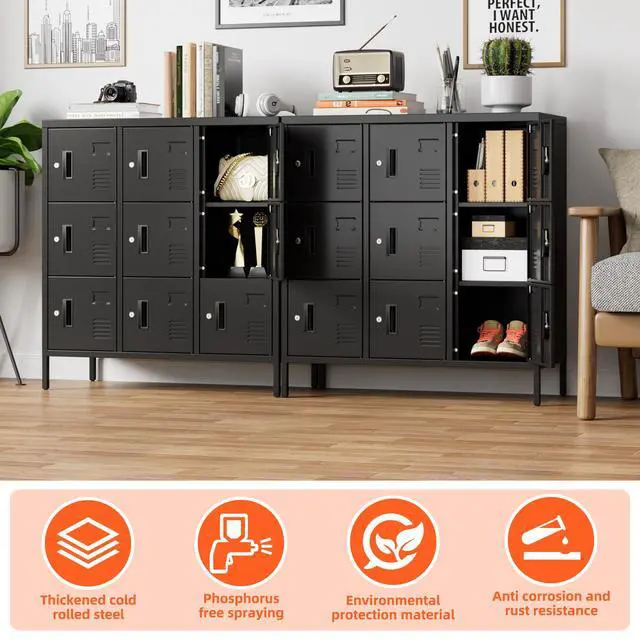 Alt view image 4 of 7 - 9-Door Metal Employee Locker with Keyed Locks and Raised Feet | 9 keyed compartments with name-card slots, ventilation and raised feet; 35.51"W x 15.79"D x 37.8"H. Assembly required