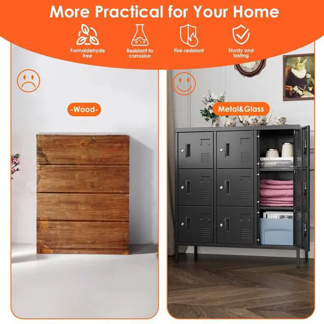Alt view image 5 of 7 - 9-Door Metal Employee Locker with Keyed Locks and Raised Feet | 9 keyed compartments with name-card slots, ventilation and raised feet; 35.51"W x 15.79"D x 37.8"H. Assembly required
