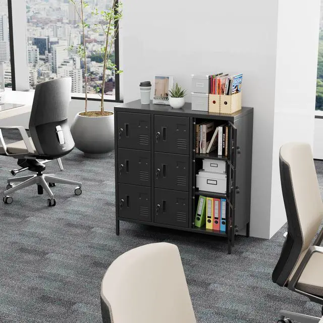 Alt view image 7 of 7 - 9-Door Metal Employee Locker with Keyed Locks and Raised Feet | 9 keyed compartments with name-card slots, ventilation and raised feet; 35.51"W x 15.79"D x 37.8"H. Assembly required
