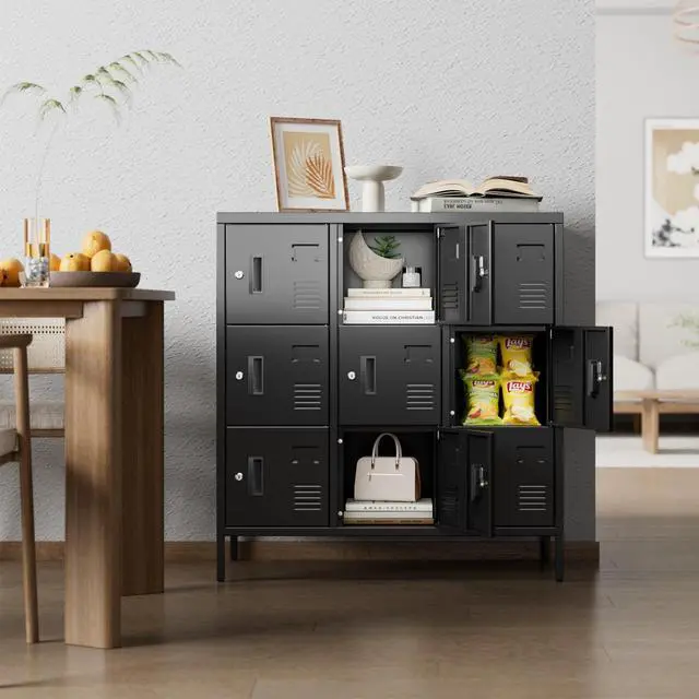 Alt view image 6 of 7 - 9-Door Metal Employee Locker with Keyed Locks and Raised Feet | 9 keyed compartments with name-card slots, ventilation and raised feet; 35.51"W x 15.79"D x 37.8"H. Assembly required