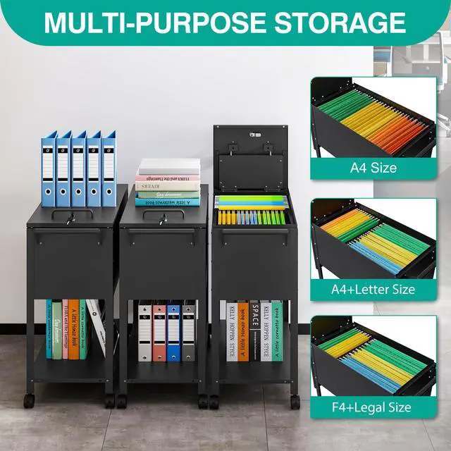 Alt view image 3 of 6 - Rolling File Cart with Wheels Hanging Files,Rolling File Cabinet Organizer,Rolling Hanging File Folder Cart on Wheels,Metal Filing Cart,Fit A4/F4/Letter/Legal File for Home Office (Black)