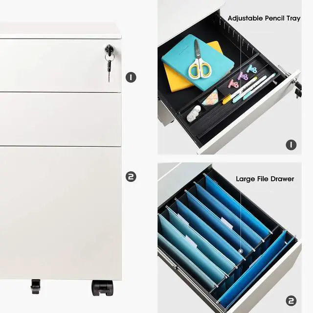 Alt view image 4 of 6 - 3 Drawer File Cabinet with Lock, Fully Assembled Except Casters | Under Desk Metal Filing Cabinet with Wheels for Home Office, Fits Letter/Legal/A4 Size, White