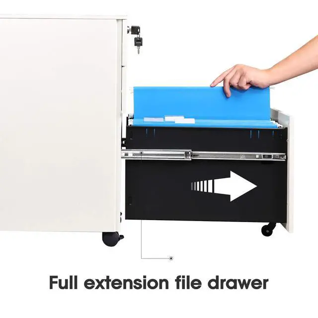 Alt view image 6 of 6 - 3 Drawer File Cabinet with Lock, Fully Assembled Except Casters | Under Desk Metal Filing Cabinet with Wheels for Home Office, Fits Letter/Legal/A4 Size, White