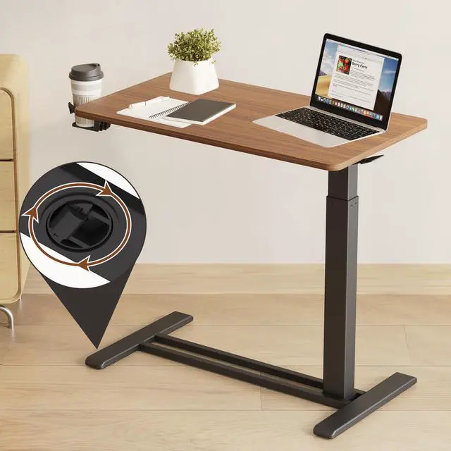 Alt view image 6 of 7 - 32" Mobile Standing Desk Pneumatic Lift Computer Workstations | Computer workstation desk with hidden wheels,Laptop Rolling Cart for home office and small spaces.31.5"W x 15.7"D,Mahogany