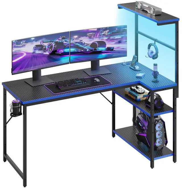 Main image of 51" L-Shaped Gaming Desk with Power Outlets LED Lights, Black&Blue | Reversible Design, LED Lights, 4-Tier Storage Shelves, Headphone Hook, Foldable Cup Holder, Computer Desk, Home Office