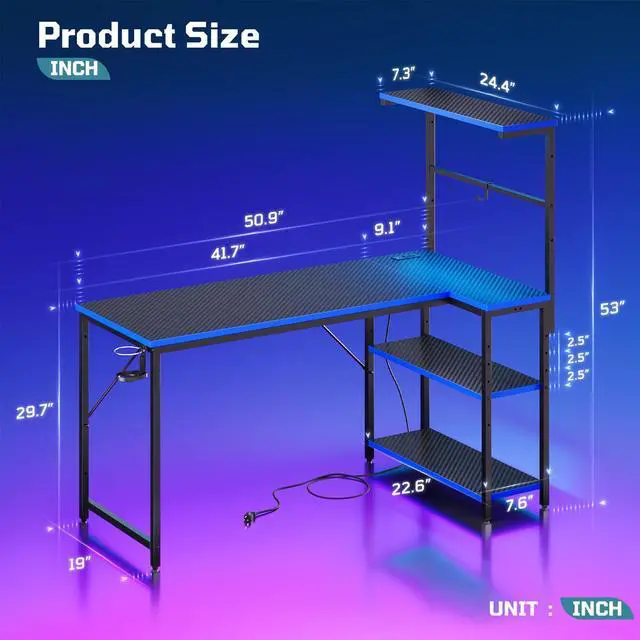 Alt view image 3 of 7 - 51" L-Shaped Gaming Desk with Power Outlets LED Lights, Black&Blue | Reversible Design, LED Lights, 4-Tier Storage Shelves, Headphone Hook, Foldable Cup Holder, Computer Desk, Home Office