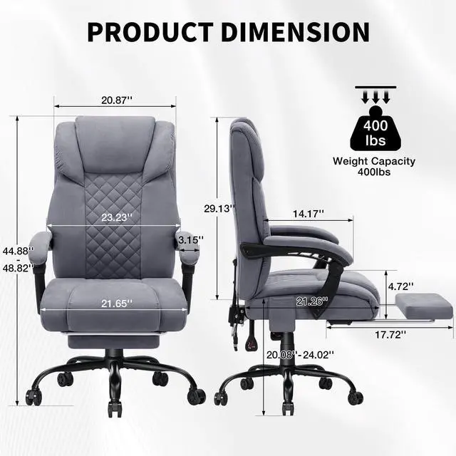Alt view image 3 of 7 - Massage Office Chair with Heat 7 Points Vibration(Grey Fabric) | Ergonomic Executive Office Chair with Footrest Reclining High Back Home Office Desk Chairs
