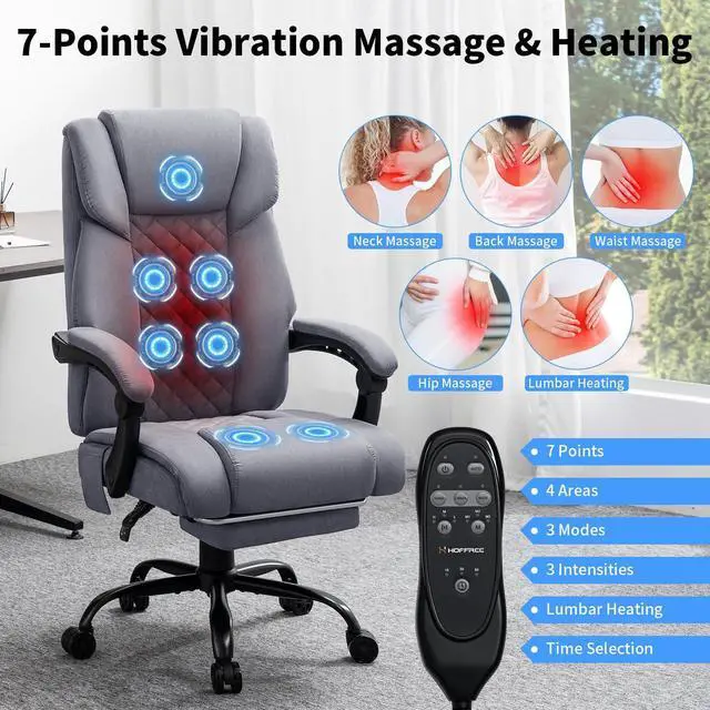 Alt view image 4 of 7 - Massage Office Chair with Heat 7 Points Vibration(Grey Fabric) | Ergonomic Executive Office Chair with Footrest Reclining High Back Home Office Desk Chairs
