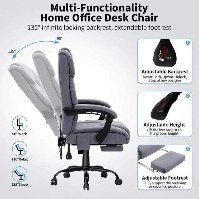 Alt view image 7 of 7 - Massage Office Chair with Heat 7 Points Vibration(Grey Fabric) | Ergonomic Executive Office Chair with Footrest Reclining High Back Home Office Desk Chairs