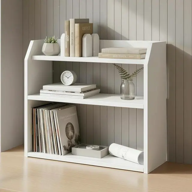 Alt view image 2 of 7 - 3-Tier Desktop Bookshelf, Wooden Countertop Bookcase with Guardrails, Space-Saving Desk Display Hutch Shelf, Modern Tabletop Storage Organizer for Study Room, Office and Dormitory (2,White)