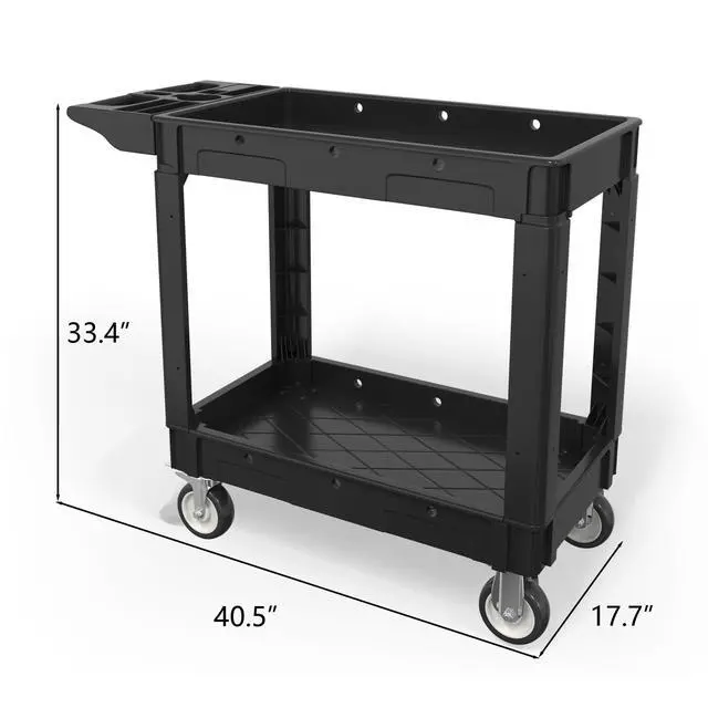 Alt view image 2 of 7 - 2 Tier Plastic Rolling Cart Utility Cart on Wheels, Heavy Duty Tool Carts with Ergonomic Storage Handle and Deep Shelfs, Work Cart Service Cartss for Garage, Warehouse, Workshop, Office, Cleaning