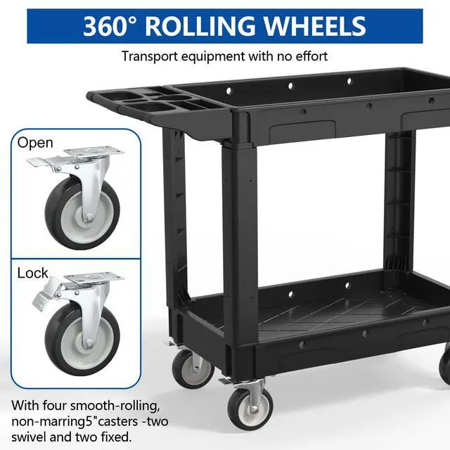 Alt view image 5 of 7 - 2 Tier Plastic Rolling Cart Utility Cart on Wheels, Heavy Duty Tool Carts with Ergonomic Storage Handle and Deep Shelfs, Work Cart Service Cartss for Garage, Warehouse, Workshop, Office, Cleaning