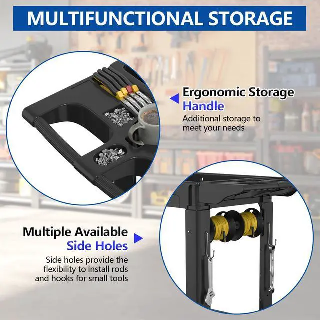 Alt view image 3 of 7 - 2 Tier Plastic Rolling Cart Utility Cart on Wheels, Heavy Duty Tool Carts with Ergonomic Storage Handle and Deep Shelfs, Work Cart Service Cartss for Garage, Warehouse, Workshop, Office, Cleaning