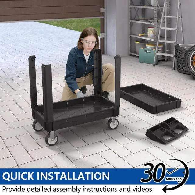 Alt view image 4 of 7 - 2 Tier Plastic Rolling Cart Utility Cart on Wheels, Heavy Duty Tool Carts with Ergonomic Storage Handle and Deep Shelfs, Work Cart Service Cartss for Garage, Warehouse, Workshop, Office, Cleaning