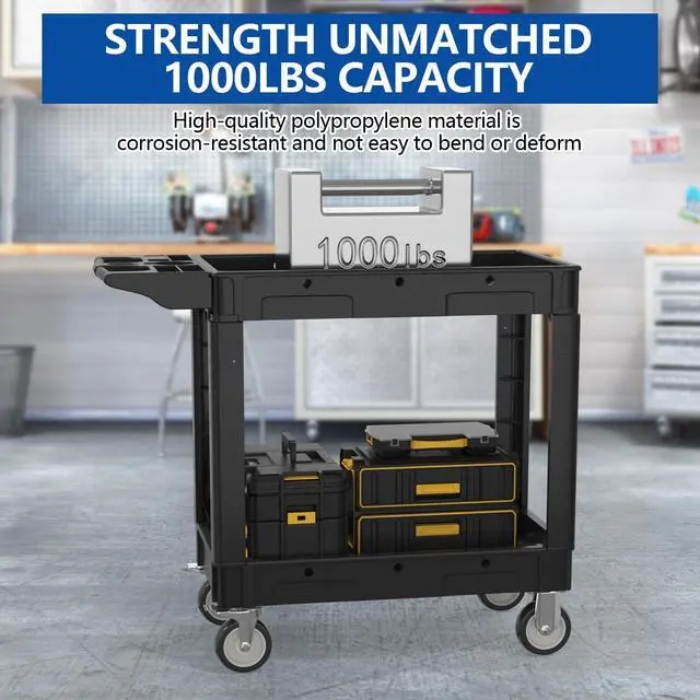 Alt view image 6 of 7 - 2 Tier Plastic Rolling Cart Utility Cart on Wheels, Heavy Duty Tool Carts with Ergonomic Storage Handle and Deep Shelfs, Work Cart Service Cartss for Garage, Warehouse, Workshop, Office, Cleaning