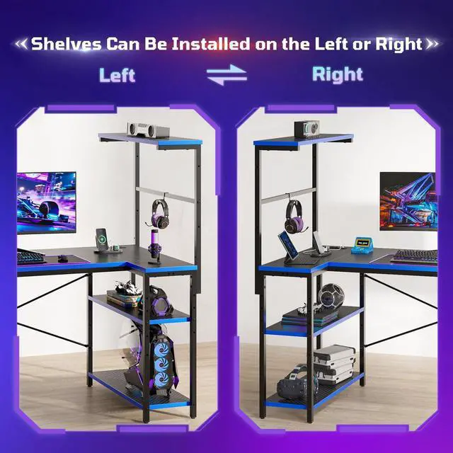 Alt view image 6 of 7 - 51" L-Shaped Gaming Desk with Power Outlets LED Lights, Black&Blue | Reversible Design, LED Lights, 4-Tier Storage Shelves, Headphone Hook, Foldable Cup Holder, Computer Desk, Home Office