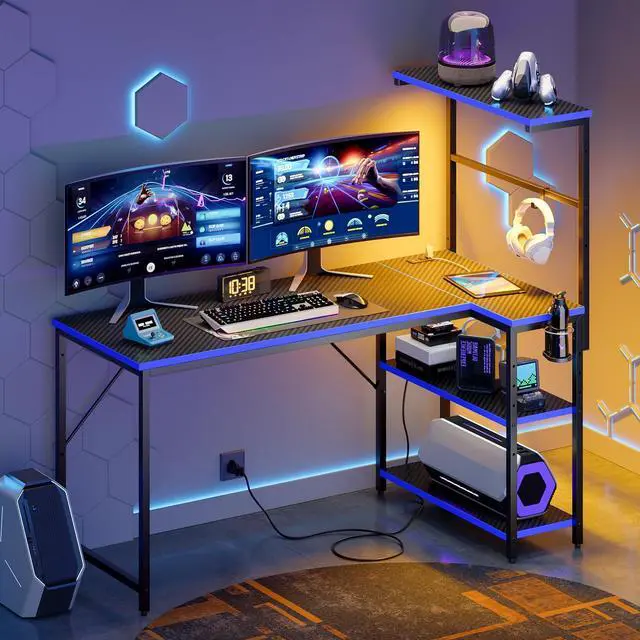 Alt view image 7 of 7 - 51" L-Shaped Gaming Desk with Power Outlets LED Lights, Black&Blue | Reversible Design, LED Lights, 4-Tier Storage Shelves, Headphone Hook, Foldable Cup Holder, Computer Desk, Home Office