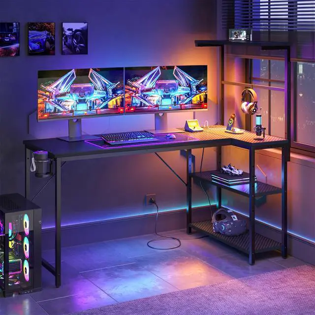 Alt view image 2 of 7 - 51" L-Shaped Gaming Desk with Power Outlets LED Lights, Black | Reversible Design, LED Lights, 4-Tier Storage Shelves, Headphone Hook, Foldable Cup Holder, Computer Desk, Home Office