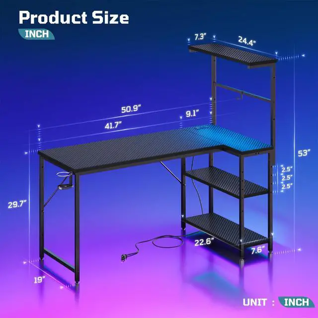 Alt view image 3 of 7 - 51" L-Shaped Gaming Desk with Power Outlets LED Lights, Black | Reversible Design, LED Lights, 4-Tier Storage Shelves, Headphone Hook, Foldable Cup Holder, Computer Desk, Home Office