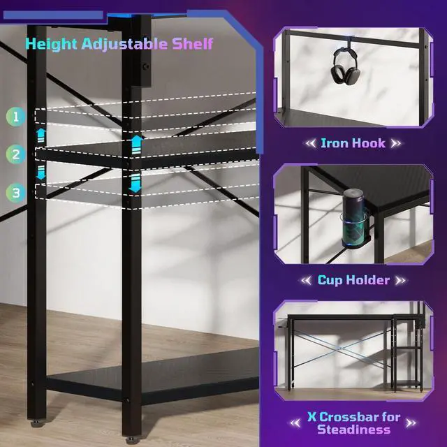 Alt view image 5 of 7 - 51" L-Shaped Gaming Desk with Power Outlets LED Lights, Black | Reversible Design, LED Lights, 4-Tier Storage Shelves, Headphone Hook, Foldable Cup Holder, Computer Desk, Home Office