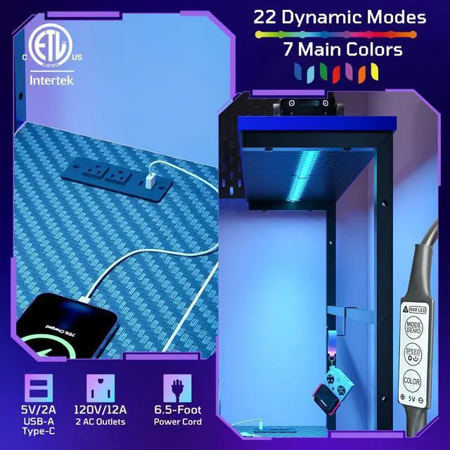 Alt view image 4 of 7 - 51" L-Shaped Gaming Desk with Power Outlets LED Lights, Black&Blue | Reversible Design, LED Lights, 4-Tier Storage Shelves, Headphone Hook, Foldable Cup Holder, Computer Desk, Home Office