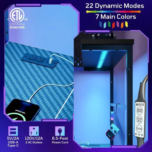Alt view image 4 of 7 - 51" L-Shaped Gaming Desk with Power Outlets LED Lights, Black | Reversible Design, LED Lights, 4-Tier Storage Shelves, Headphone Hook, Foldable Cup Holder, Computer Desk, Home Office