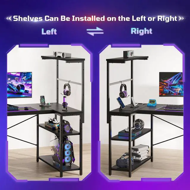 Alt view image 6 of 7 - 51" L-Shaped Gaming Desk with Power Outlets LED Lights, Black | Reversible Design, LED Lights, 4-Tier Storage Shelves, Headphone Hook, Foldable Cup Holder, Computer Desk, Home Office