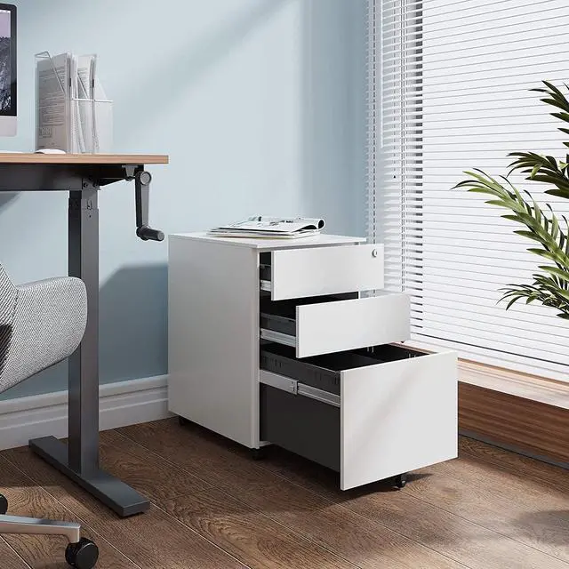 Alt view image 2 of 6 - 3 Drawer File Cabinet with Lock, Fully Assembled Except Casters | Under Desk Metal Filing Cabinet with Wheels for Home Office, Fits Letter/Legal/A4 Size, White