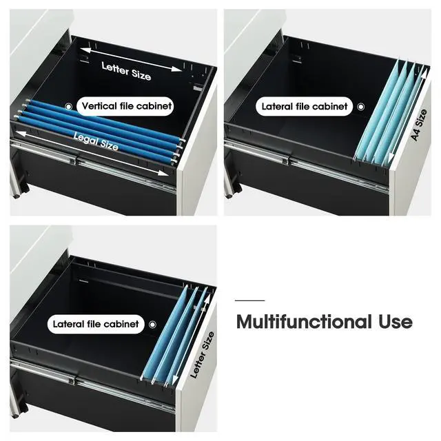 Alt view image 5 of 6 - 3 Drawer File Cabinet with Lock, Fully Assembled Except Casters | Under Desk Metal Filing Cabinet with Wheels for Home Office, Fits Letter/Legal/A4 Size, White
