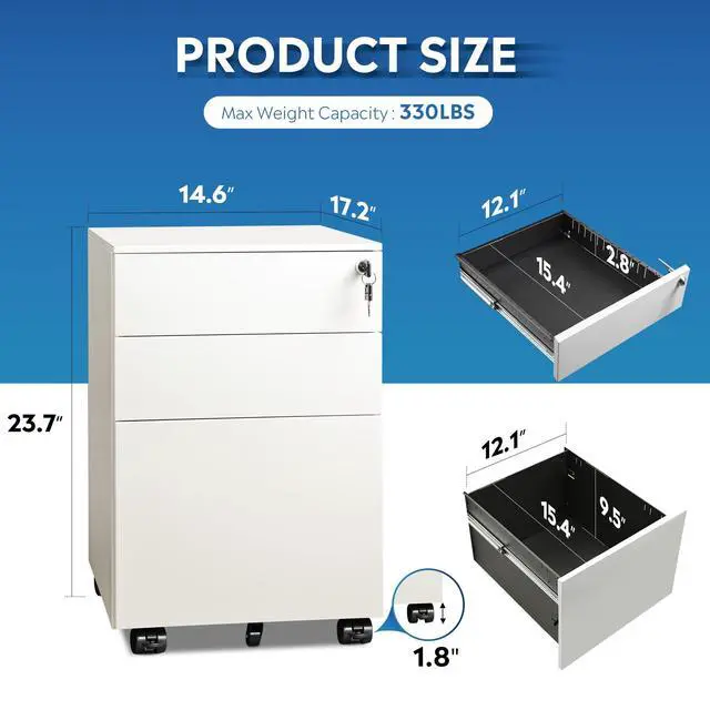 Alt view image 3 of 6 - 3 Drawer File Cabinet with Lock, Fully Assembled Except Casters | Under Desk Metal Filing Cabinet with Wheels for Home Office, Fits Letter/Legal/A4 Size, White