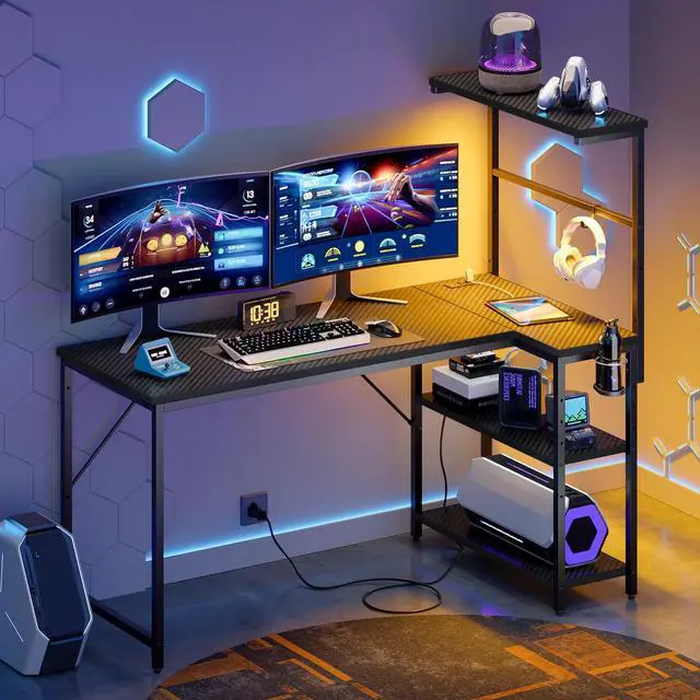 Alt view image 7 of 7 - 51" L-Shaped Gaming Desk with Power Outlets LED Lights, Black | Reversible Design, LED Lights, 4-Tier Storage Shelves, Headphone Hook, Foldable Cup Holder, Computer Desk, Home Office