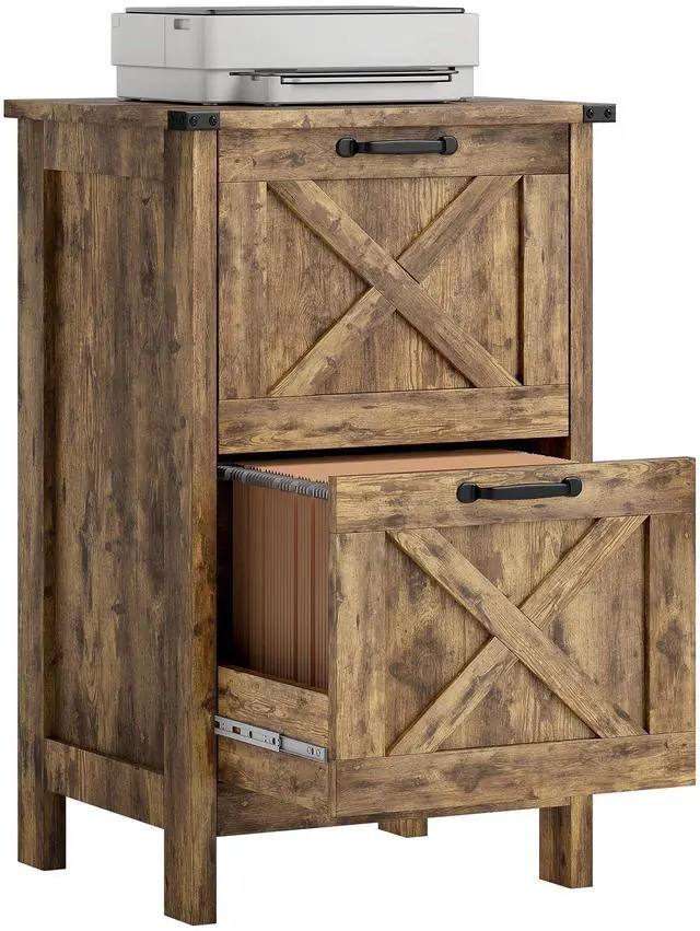 Main image of 2 Drawer Vertical File Cabinet, Silent Slides, Rustic Brown | Rustic Farmhouse, Filing Cabinet, Barn Doors, for A4/Letter Size, Printer Stand with Storage, for Home Office