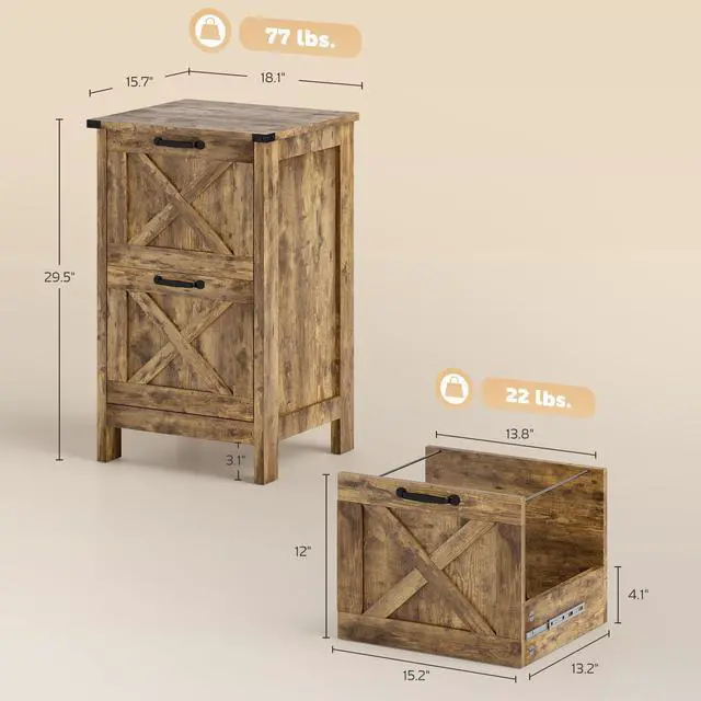 Alt view image 3 of 7 - 2 Drawer Vertical File Cabinet, Silent Slides, Rustic Brown | Rustic Farmhouse, Filing Cabinet, Barn Doors, for A4/Letter Size, Printer Stand with Storage, for Home Office